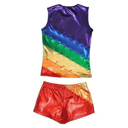 O3CHSET007 Obersee Cheer Dance Tank and Shorts Set featuring shiny purple, blue, and green colors, designed for young cheerleaders and dancers.